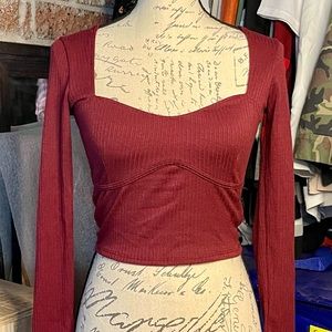 NWT- True Religion Long Sleeve Ribbed Corset Crop Top in Maroon, Medium